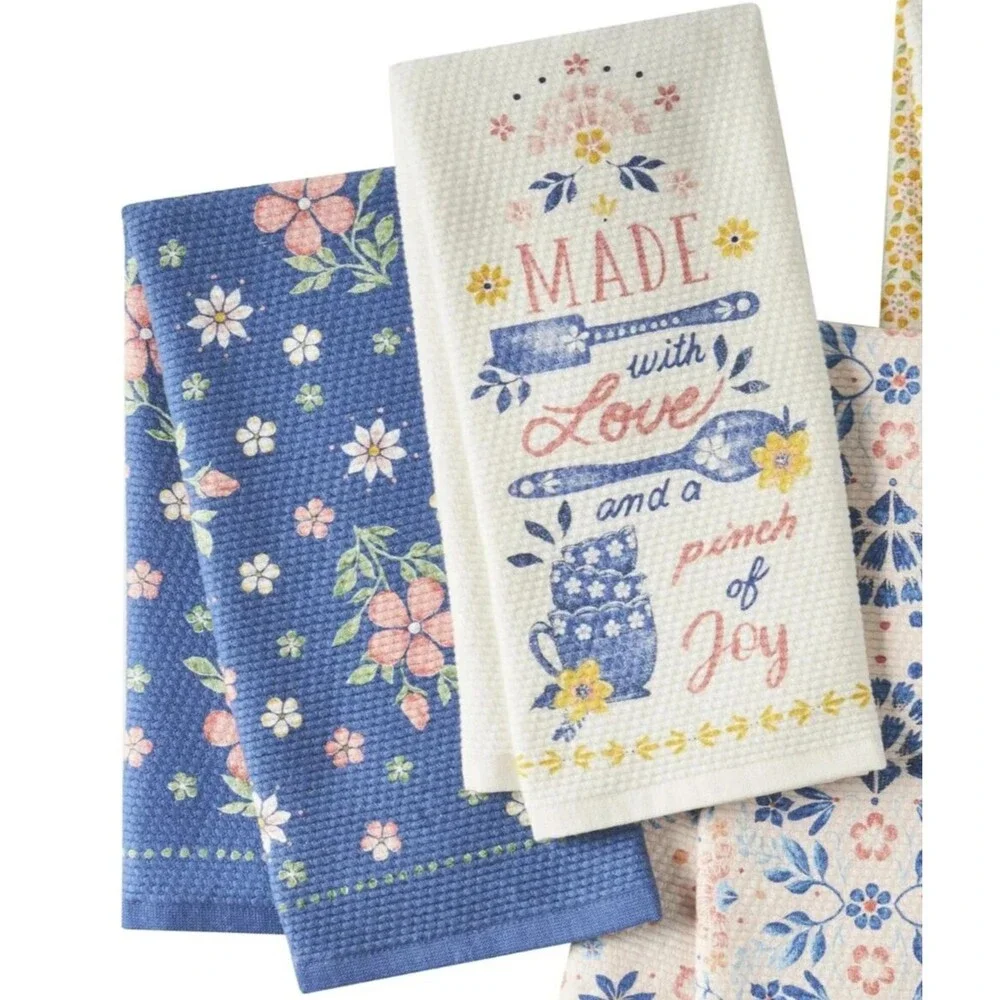 Pioneer Woman Hattie Kitchen Towels 4-pc Made with Love and Joy 18 x 28-in Blue